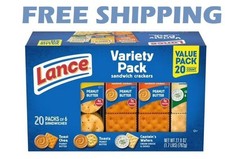 Lance sandwich crackers, variety pack, 3 Flavors, 20 Individually Wrapped Packs.