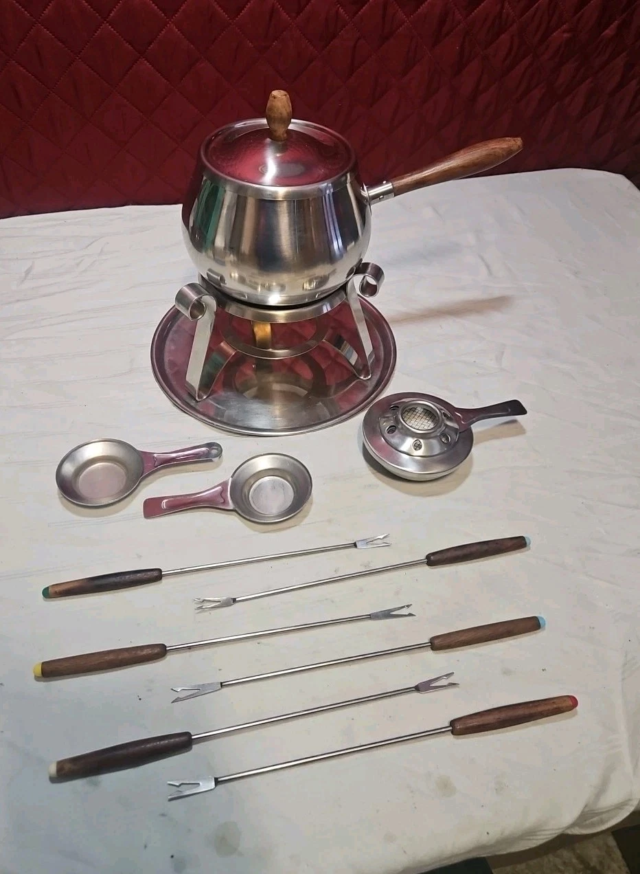 Vintage Reed & Barton- Stainless Steel Fondue Pot And Forks -13 Piece Set- Japan