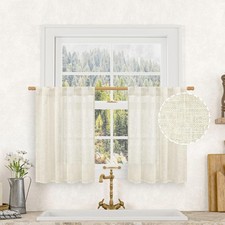 Short Linen Kitchen Window Curtains 36 Inch Length, Over Sink Semi Sheer Light