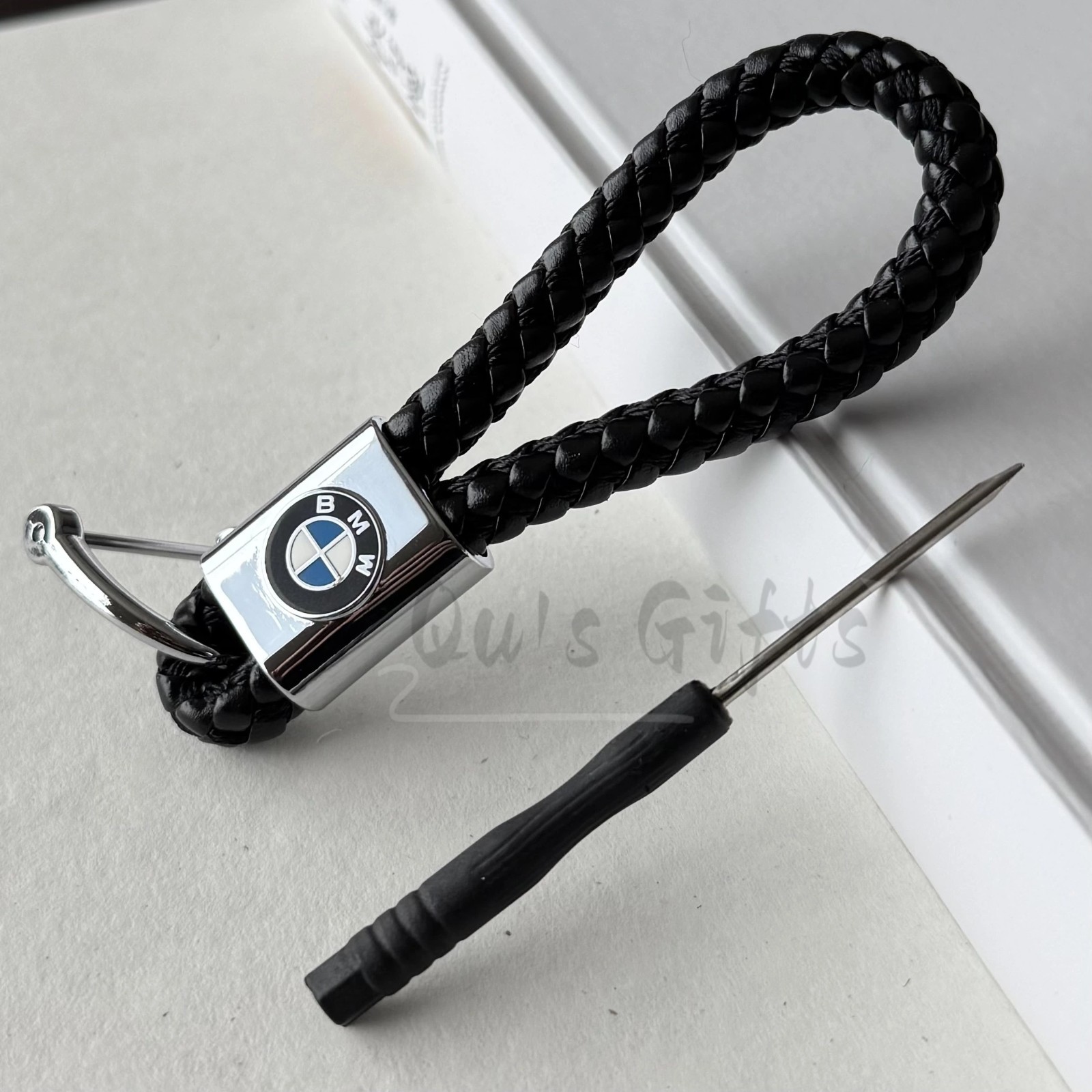 BMW Logo Black Weave Calf Leather Keychain US Seller Free Shipping