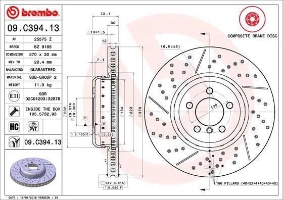 BREMBO 09.C394.13 Brake Disc Front Fits BMW 1 Series 2 Series 3 Series 4 Series - Image 2 of 4