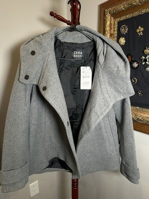 NWT ZARA BASIC Gray Wool Blend Coat Hooded Wrap High Collar Jacket Women s M
