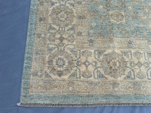 Transitional Hand Knotted Rug 8'2 x 10'1 ft – Blue Beige Wool Carpet Boho Chic - Picture 3 of 15