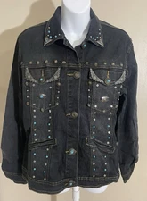 Diane Gilman DG2 Denim Jacket Women  Black Embellished Western Turquoise Studded
