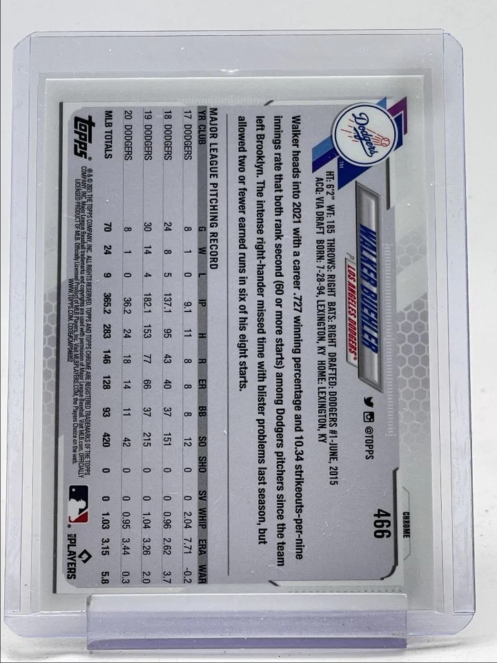 WALKER BUEHLER 2021-22 TOPPS CHROME SAPPHIRE REFRACTOR DODGERS Q3152 - Image 2 of 2
