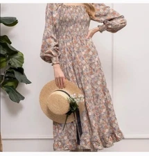 By The River Floral Maxi Tiered Dress Women's Sm Square Neck Boho Cottagecore 