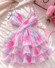 Victoria Secret Faint Peony Chiffon Ruffled Babydoll Set L Faint Pink