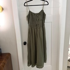 American Eagle Olive Green Smocked Midi Dress Bow Front Pockets S Drop V Waist