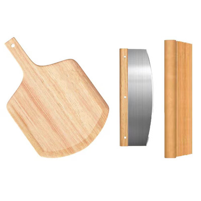 OAK Finish 4-Piece round Pizza Stone Set with Peel, 12 Inch for Oven and Grill B