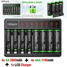Hiquick 4x 2800mAh AA & 4x AAA 1100mah Rechargeable Batteries Ni-MH +LCD Charger