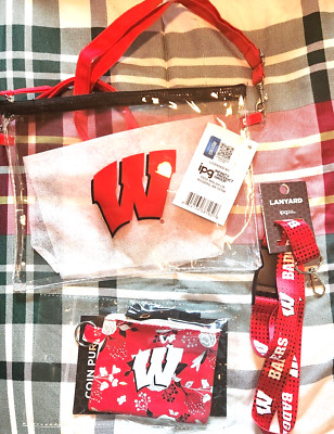 Wisconsin Badger Logo Lot -Clear Purse 9.5 x 7.5 - Coin Purse - Lanyard