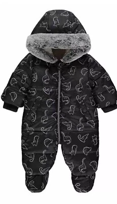 GEORGE BABY BOY BLACK DINOSAUR ALL IN ONE PADDED SNOWSUIT PRAMSUIT 0-12months