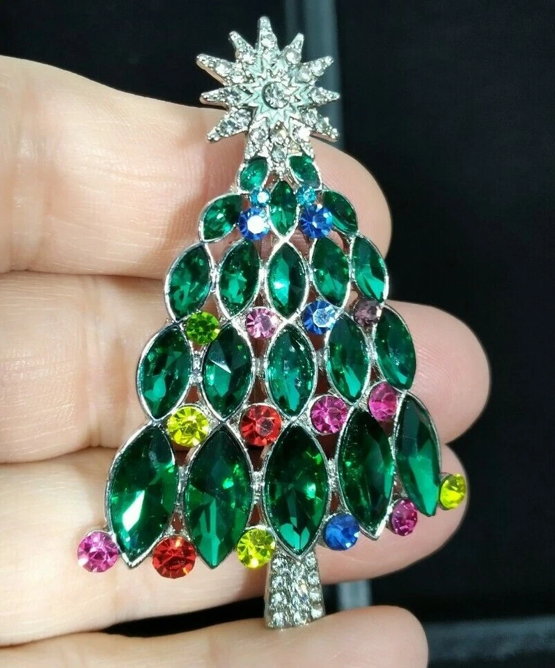 Broche prendedor colorido árbol de Navidad con estrás de cristal estrella y bolsa dorada VIDEO Foto 3 de 4