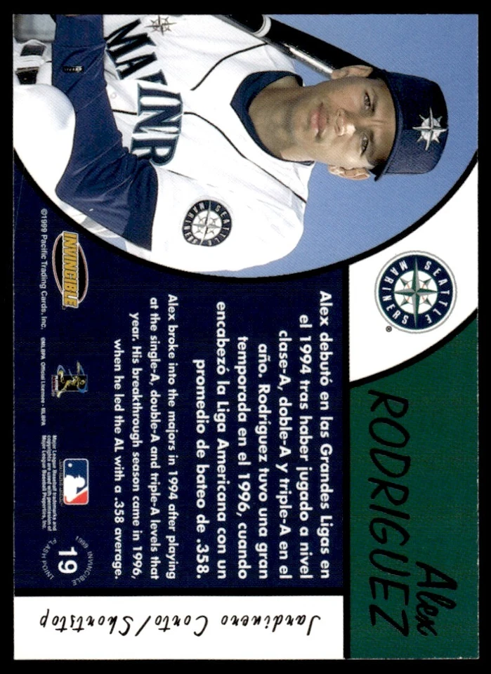1999 Pacific Invincible Flash Point Alex Rodriguez Seattle Mariners #19 R133 - Image 2 of 2