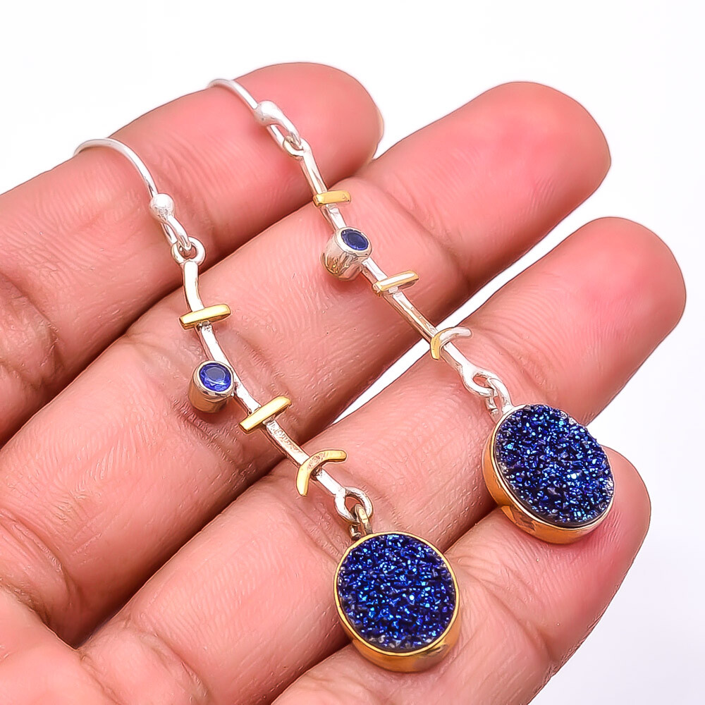 Blue Titanium Agate Drusy & Sapphire Simulated 925 Silver Earring 2.34