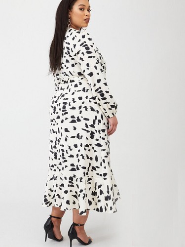 Curve Satin Ruffle Print Maxi Dress - Mono Print Ivory UK 24 - Picture 3 of 3