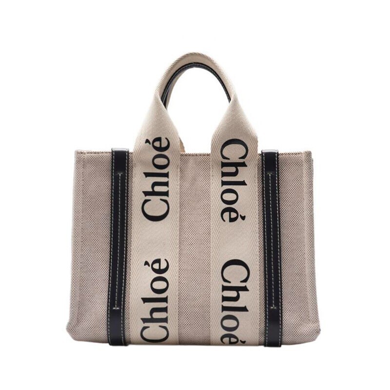 Chloé Woody Small Tote in Blue and White Canvas with Leather Accents