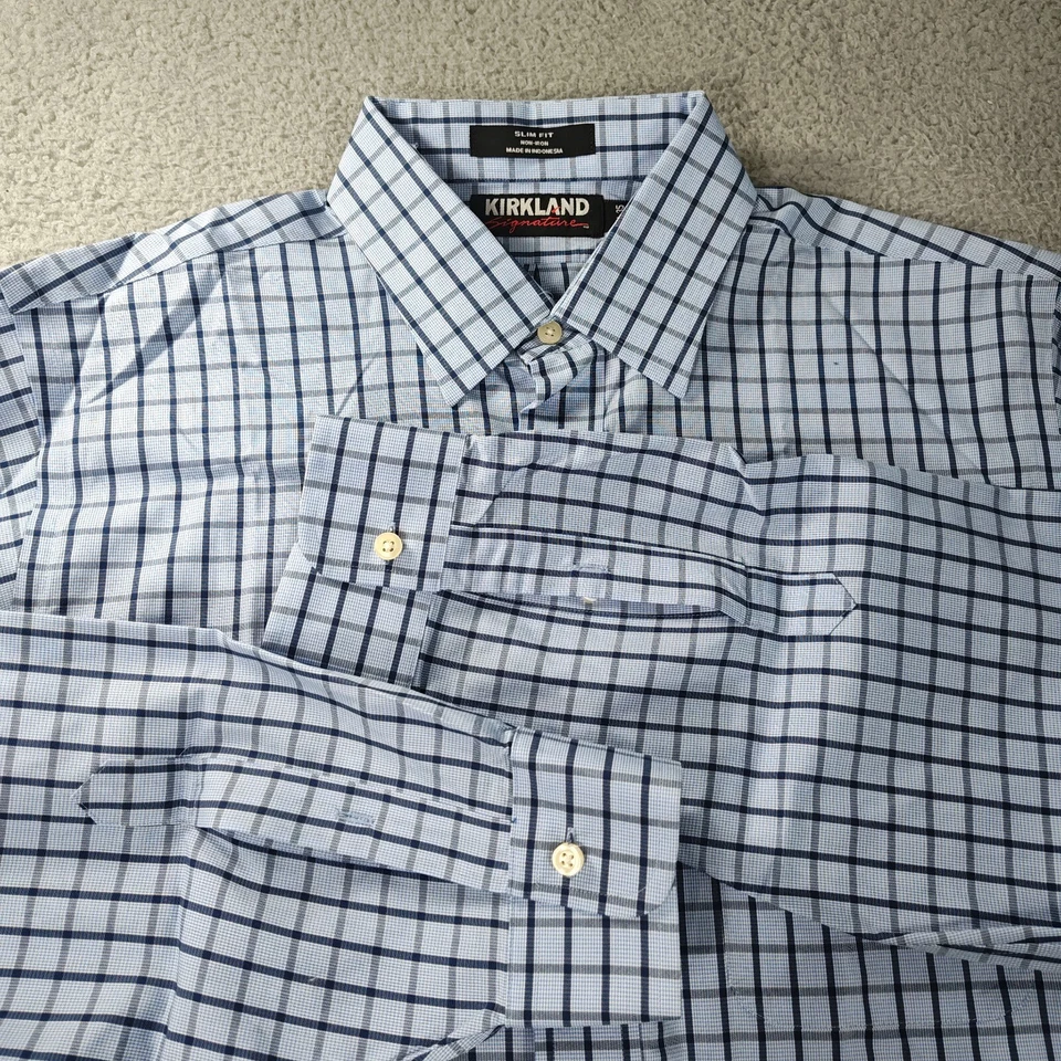 Camisa Kirkland Signature para Hombres 16.5-35 Azul Blanco Calce Ajustado Sin Planchar Ventana Foto 4 de 4