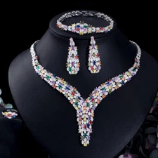 CZ Multicolor Necklace Arabic Earrings Bracelet Ring Silver Plated Jewelry Set