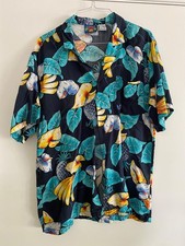 Vintage Authentic Hawaii Blues Mens L Hawaiian Tropical Short Sleeve Shirt