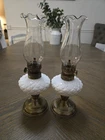 Vintage Mini Small Diamond Hobnail Milk Glass Oil Lamps Pair 9.25" Tall
