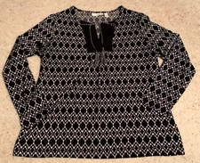 Susan Graver Women’s Liquid Knit Top Black/White Geo Tie Tassels Sz. M