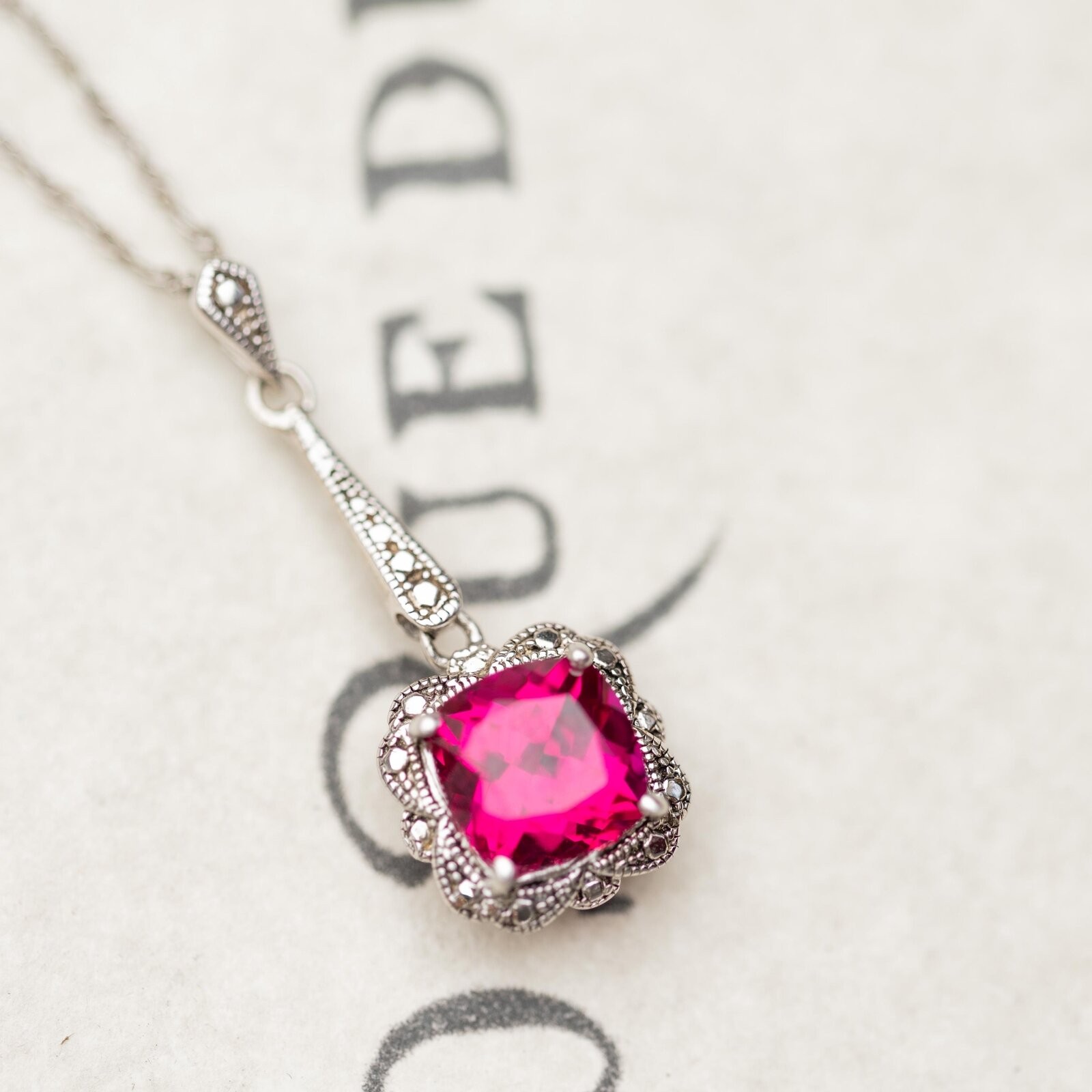 Sterling Silver Pink Sapphire Marcasite Vintage Estate Jewelry Pendant Necklace