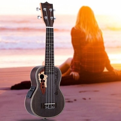 Ammoon 21 Inch Soprano EQ Electric Acoustic Ukulele Black Spruce 15 Fret NEW