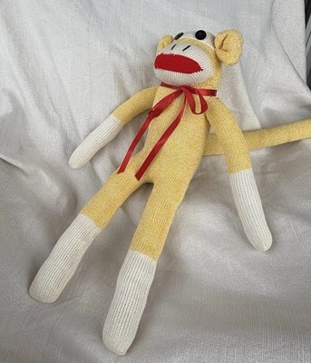 Vintage Yellow Sock Monkey Doll Handmade Knit Toy 24” Button Eyes Red  Ribbon