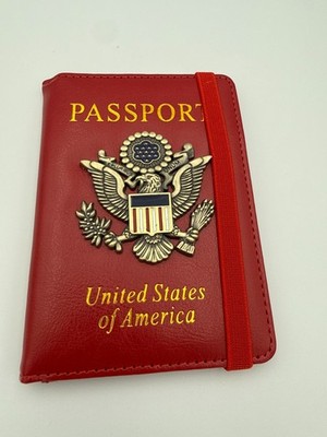 US Passport Holder Cover Wallet Red Faux Leather 3D Great Seal Elastic Band RFID