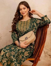 Women Green Embroidered Straight Kurta Indian Pakistani Kurti Top Tunic Dress