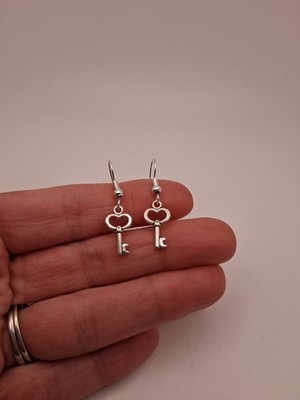 Tiny Heart Shaped Key Dangle Drop Earrings Silver Toned Lightweight Gift