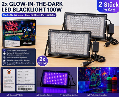Glostars 2er Set LED UV Schwarzlicht Fluter 100W Plug-and-Play CW-CB88100