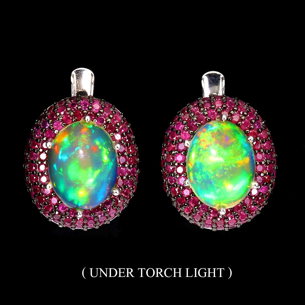 925 Sterling Silver Oval Fire Opal & Ruby Earrings 9x7mm Natural Gemstone Jewelry