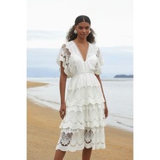 Farm Rio Richelieu Midi Dress L Off White Lace Tiered Boho Bridal Kimono Slip