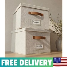 Decorative File Organizer Box Set Of 2 - Collapsible Linen Filing Cabinets Sto