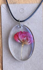 Pressed Pink Flower Resin Necklace Handmade Botanical Oval Pendant Gift