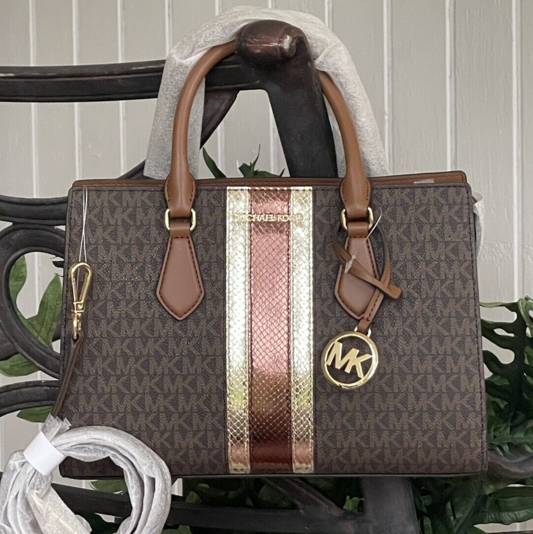 MICHAEL KORS SHEILA MEDIUM SATCHEL METALLIC MK BROWN LOGO GOLD