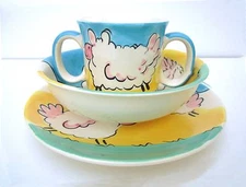 MAGNOLIAS child's dish set--plate, bowl, mug--hand painted Thailand lamb design