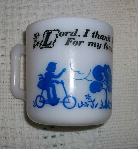 50s Hazel Atlas Vintage Milk Glass White Blue Child's Cup Mug with Prayer