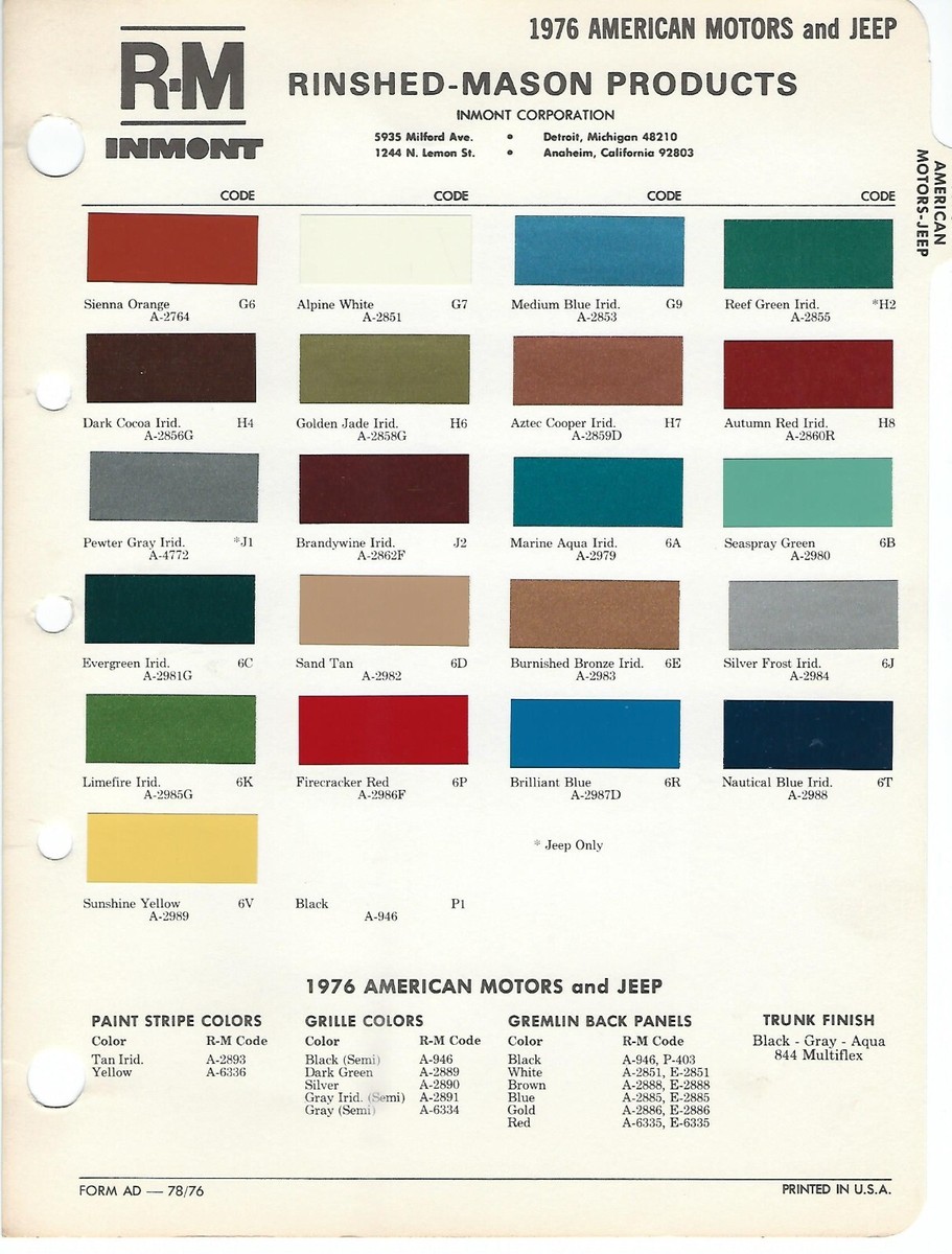 1976 AMC GREMLIN JEEP HORNET MATADOR PACER PAINT CHIPS | eBay