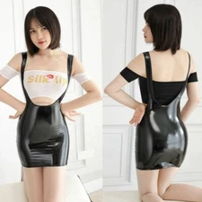 Lady Shiny Latex Leather Bodycon Dress TOP Mini Nightwear Lingerie Set Party NEW