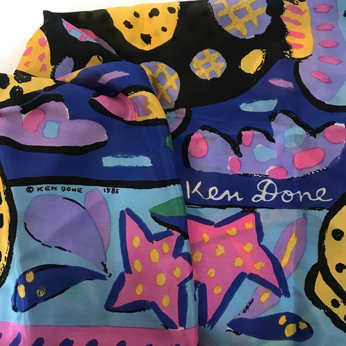 Ken Done Multicolor 29x29" Square Silk Scarf Fish Star Vintage 1985