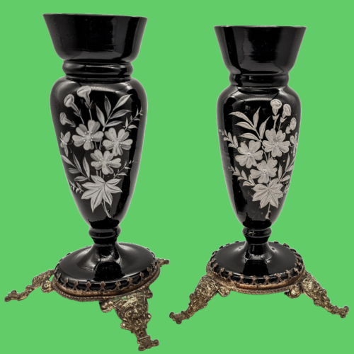 Antique Pair vases pots jar jug black opaline floral butterflies demons - Picture 1 of 23
