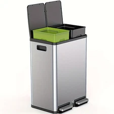 Stainless Steel Trash Can Dual Compartments, 60L Capacity, Soft Close Step Pedal