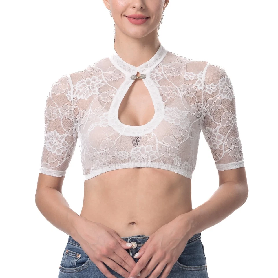 Dirndlparty Dirndl Bluse Halbarm Weiß, Mandarinkragen Gr. 34-46 - Bild 3 von 4