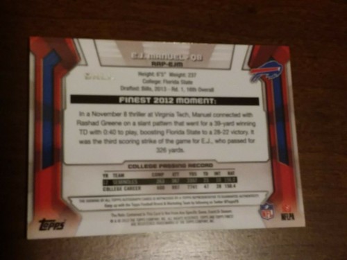 2013 Topps Finest EJ MANUEL Black Refractor RC Auto NFL Ball Insert 1/1 - Picture 2 of 2