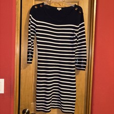 Cremieux Women’s Blue Cream Color Fitted Sweater Dress Gold Buttons XS Nautical