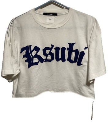 KSUBI Women's White Short Sleeve CROPPED Spell Out T-Shirt Top Sz S Paradise Lst
