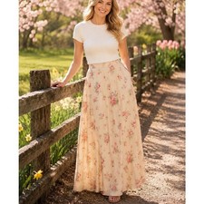 Lauren Ralph Lauren Linen Floral Maxi Skirt Beige Pink Cottagecore Size 6